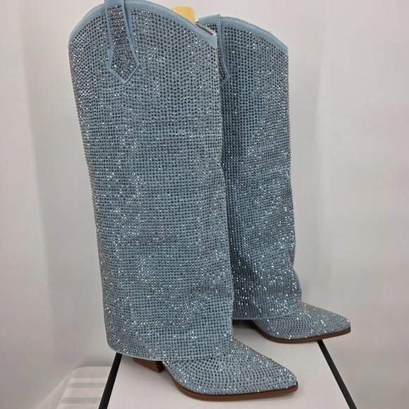 AZALEA WANG Banian Knee High Rhinestone Denim Western Boot 8.5 NWT - Picture 4 of 10